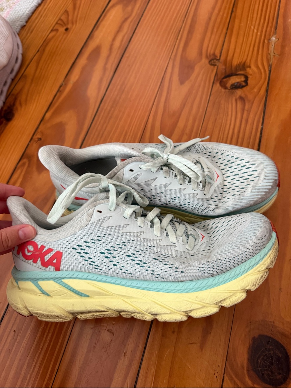 Hoka Women's Light Mint Athletic Shoes with Yellow Midsole and Coral Logo size 7